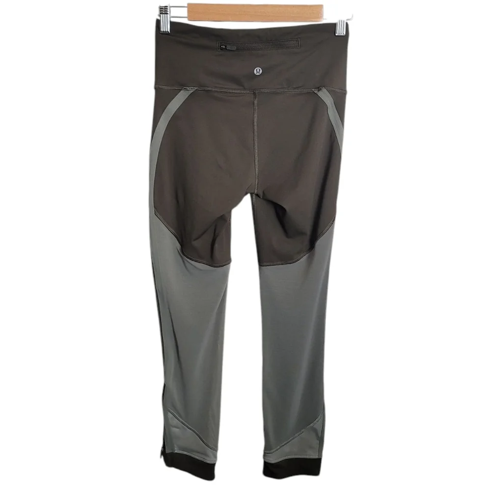 Lululemon Zip The Line Crop Leggings in Dark Olive / Grey Sage
